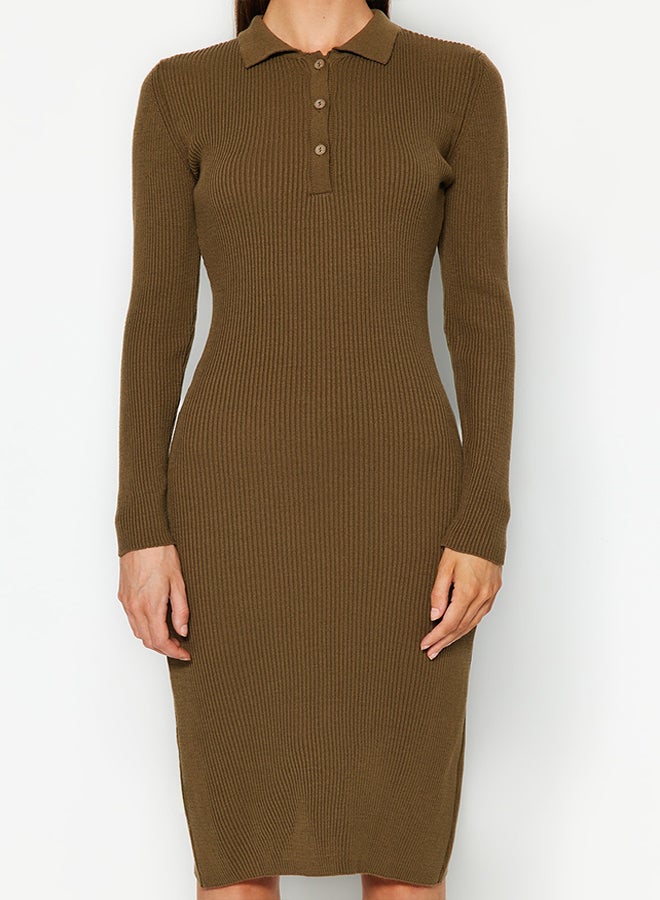 trendyol Khaki Midi Knitwear Polo Neck Dress TWOAW24EL00029 - Image 4