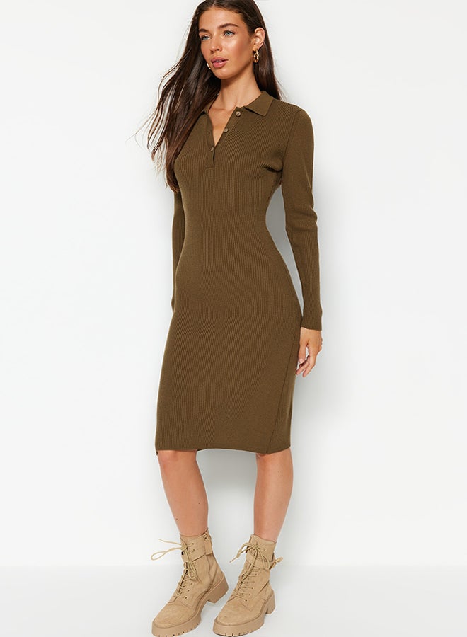 trendyol Khaki Midi Knitwear Polo Neck Dress TWOAW24EL00029 - Image 2