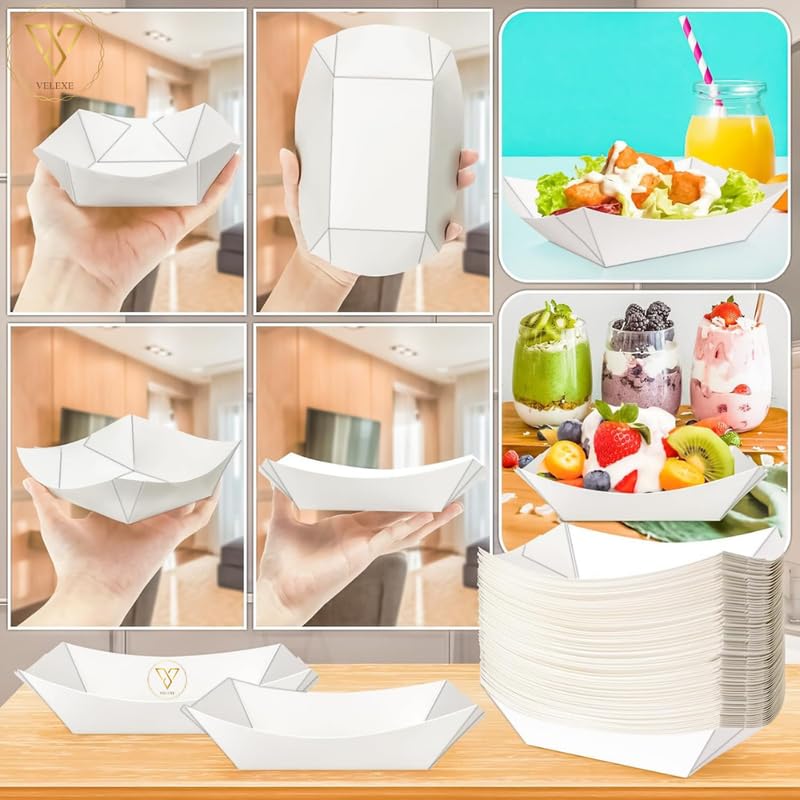 VELEXE White Disposable Food Trays 135 18 CM 1000 ML Pack of 100 HeavyDuty LeakResistant Compostable MicrowaveSafe MultiUse Trays with EcoFriendly Design - Image 4