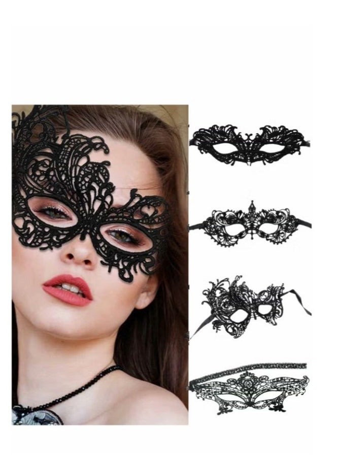 KASTWAVE 4 Pieces Women Lace Eye Mask, Masquerade Masks Mysterious Face Venetian Eyemask for Carnival Party Costume Ball, Black  - Image 1