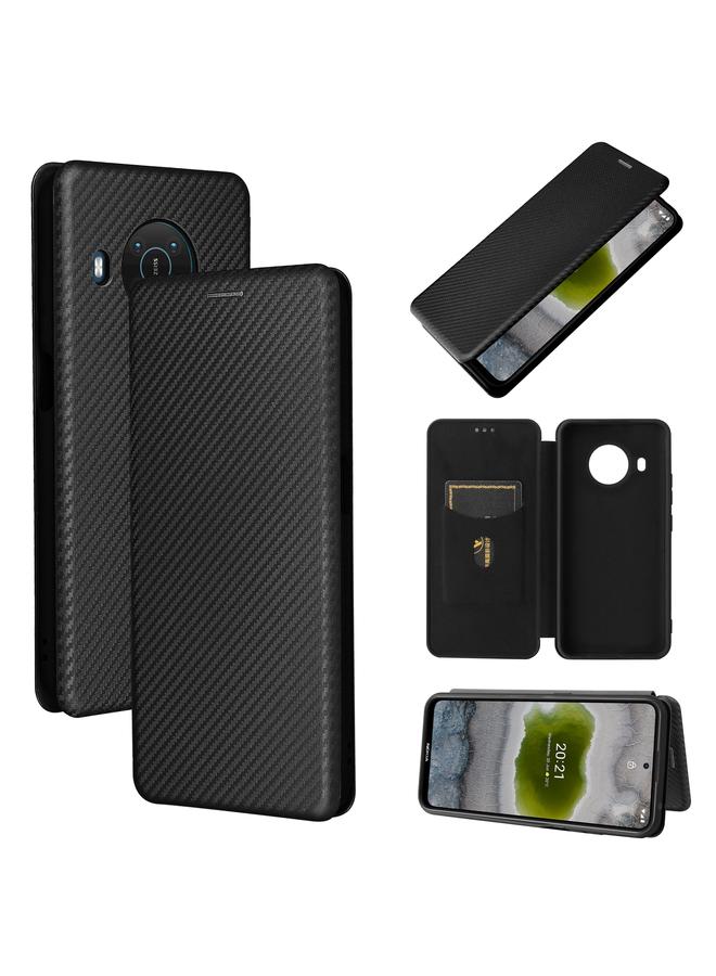 اس-توب جراب لهاتف Nokia X10 مصنوع من ألياف الكربون بتصميم أفقي قابل للطي مصنوع من مادة TPU + PC + جلد PU مع فتحة للبطاقات - Image 1