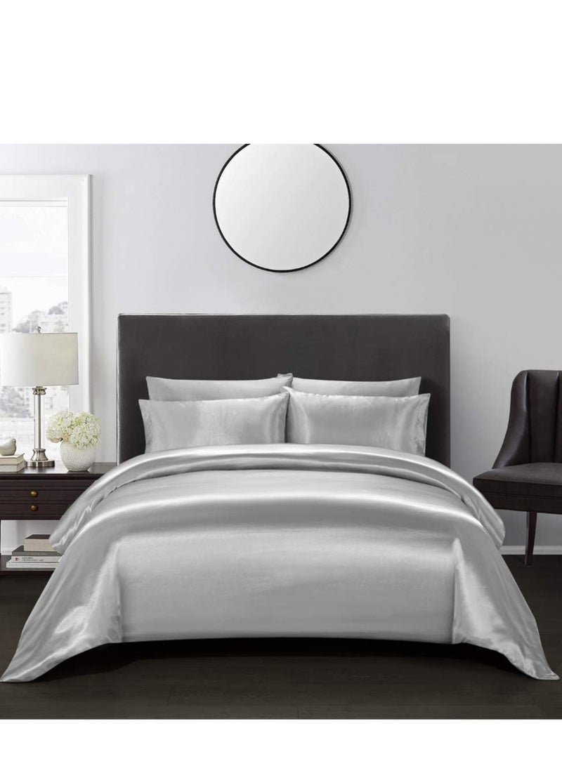 Bedding Duvet Cover Sets, 3 Pieces Satin Bedding Set, Queen Size Silky Duvet Covers Collection, 1x Cooling Duvet Cover 90x90 Inches and 2 Pillowcases, Comforter Not Included （Silver）  - Image 1