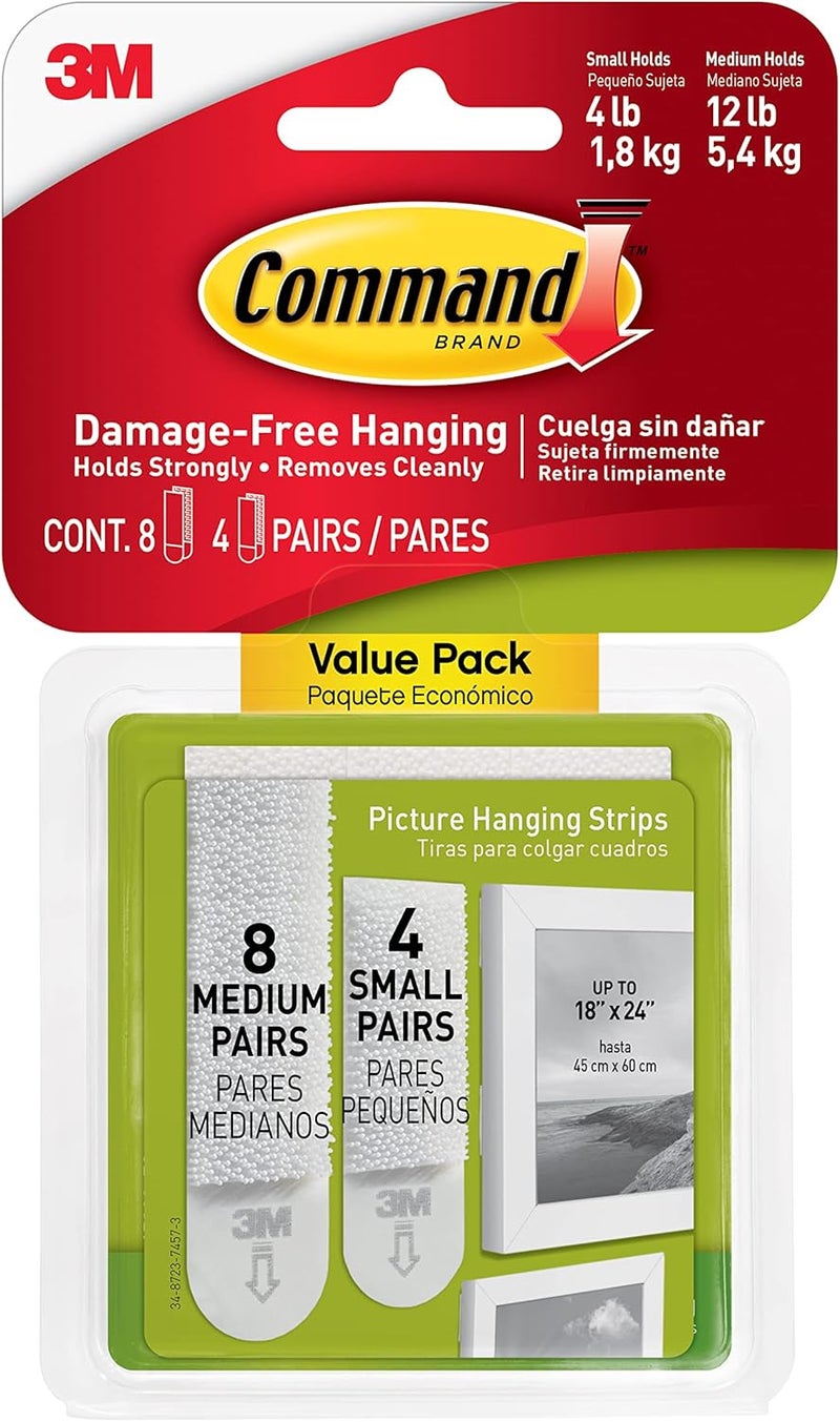 Command Picture Hanging Strips Variety Pack, Damage Free Hanging Picture Hangers, Wall Hanging Strips for Christmas Decorations, White, 16 Small Pairs and 32 Medium Pairs (96 Strips) - Image 1