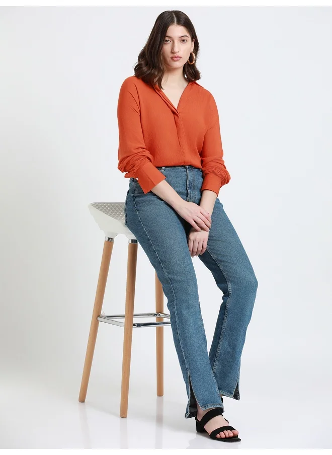 دينيس لينغو Rust Shirt for Women - Viscose Crepe, Relaxed Fit