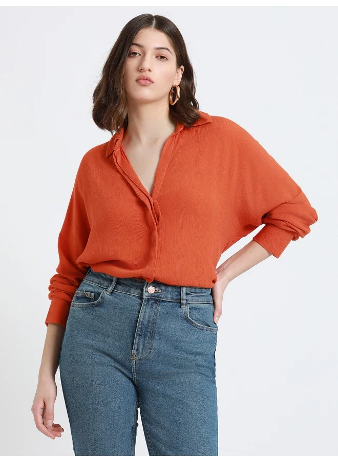 دينيس لينغو Rust Shirt for Women - Viscose Crepe, Relaxed Fit