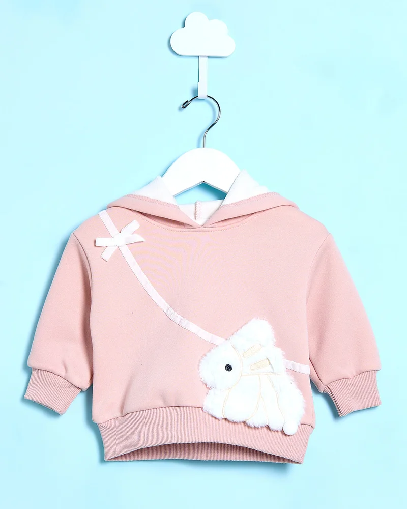 REDTAG Infant Girls Pink Bunny Hooded Sweatshirt