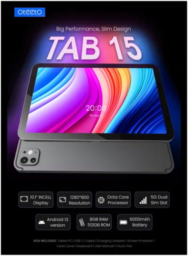 Oteeto TAB 15 Android 13 Tablet with 10.1-Inch Display – Octa-Core Processor, 8GB RAM, 512GB ROM – Dual SIM 4G/5G Connectivity – Premium iOS-Style UI – 6000mAh Battery, 13MP Rear + 8MP Front Cameras – Includes Flip Cover & Wireless Keyboard – Stylish Tablet for Study, Work & Fun - Image 3