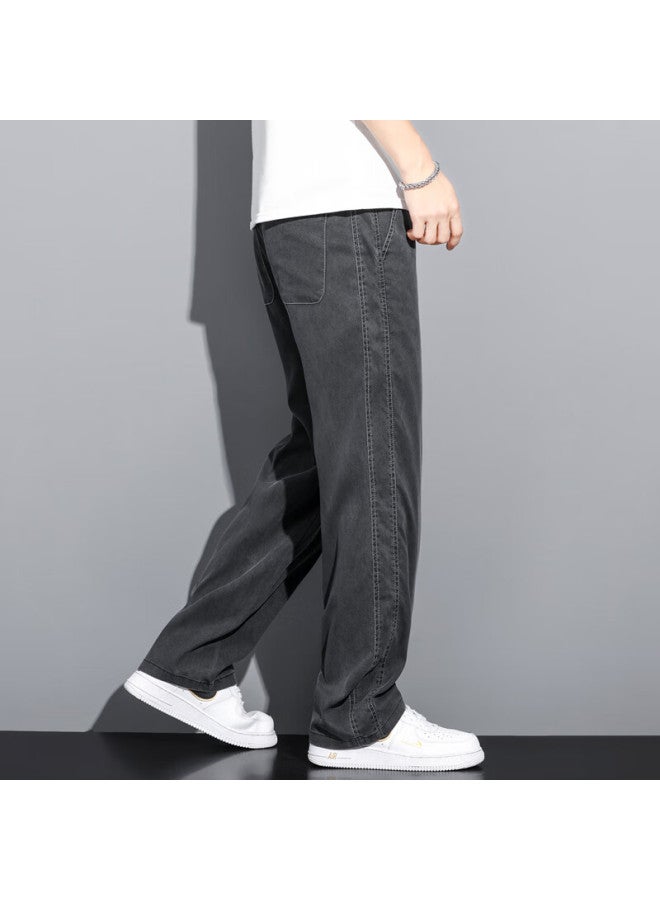 Maybeyond Lyocell Jeans For Men, Autumn And Winter Loose Wide-leg Casual Straight Pants, Tencel Men's Trousers Ma13 Black 5XL - Image 1