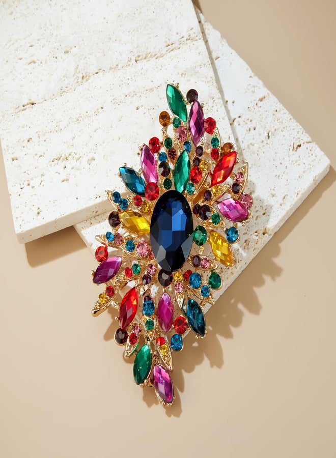 YOQUCOL Vintage Colorful Austrian Crystal Rhinestone Big Brooch Pin Large Flower Shape Brooch Lapel Pin for Women - Image 3