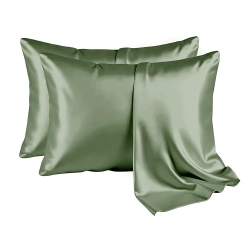 LINENWALAS Silk Pillowcases for Hair and Skin, Mulberry Satin Silk Pillow Cases Standard Size, Anti Acne Cooling Bed Pillow Cover, Breathable, Soft Pillowcase Gift for Women, Men (17x27 Inches, Green) - Image 1
