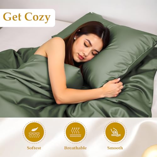 LINENWALAS Silk Pillowcases for Hair and Skin, Mulberry Satin Silk Pillow Cases Standard Size, Anti Acne Cooling Bed Pillow Cover, Breathable, Soft Pillowcase Gift for Women, Men (17x27 Inches, Green) - Image 5