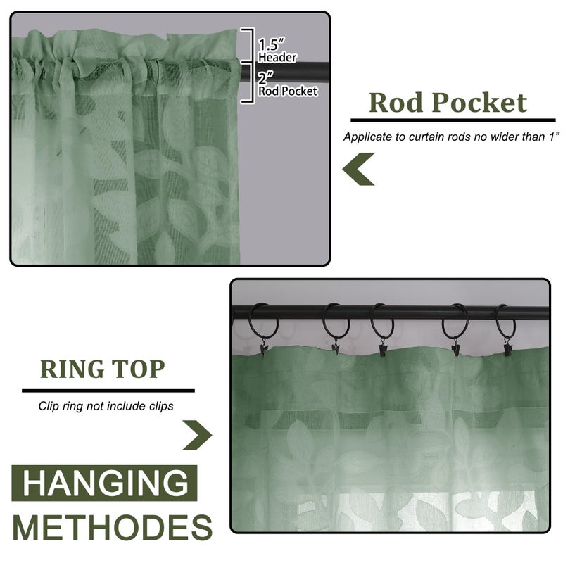 OVZME Sage Green Sheer Curtains 63 inches Long 2 Panels for Living Room, Jacquard Clip Leaf Pattern Textured Light Filtering Window Semi Sheer Voile Drapes for Bedroom, Each Panel 42 x 63 Inch - Image 3