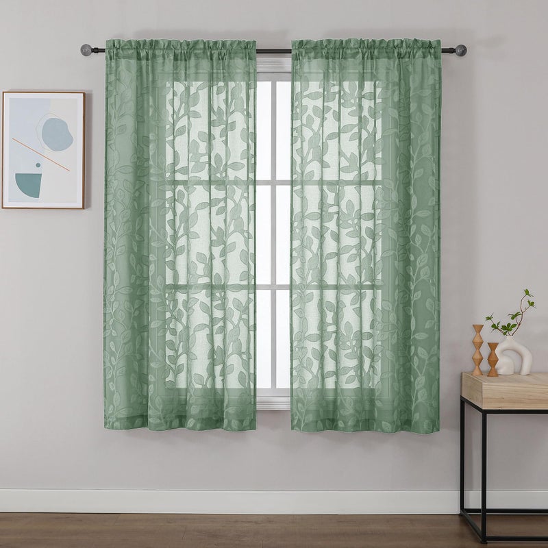 OVZME Sage Green Sheer Curtains 63 inches Long 2 Panels for Living Room, Jacquard Clip Leaf Pattern Textured Light Filtering Window Semi Sheer Voile Drapes for Bedroom, Each Panel 42 x 63 Inch - Image 1