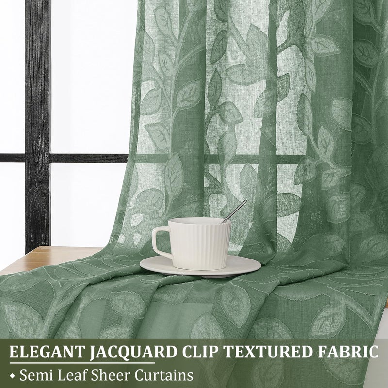 OVZME Sage Green Sheer Curtains 63 inches Long 2 Panels for Living Room, Jacquard Clip Leaf Pattern Textured Light Filtering Window Semi Sheer Voile Drapes for Bedroom, Each Panel 42 x 63 Inch - Image 2