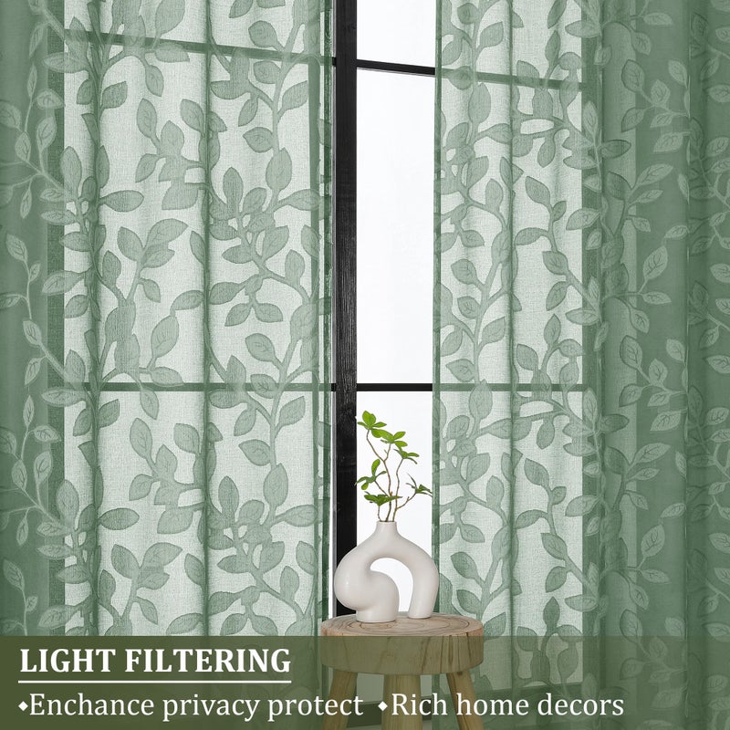 OVZME Sage Green Sheer Curtains 63 inches Long 2 Panels for Living Room, Jacquard Clip Leaf Pattern Textured Light Filtering Window Semi Sheer Voile Drapes for Bedroom, Each Panel 42 x 63 Inch - Image 4