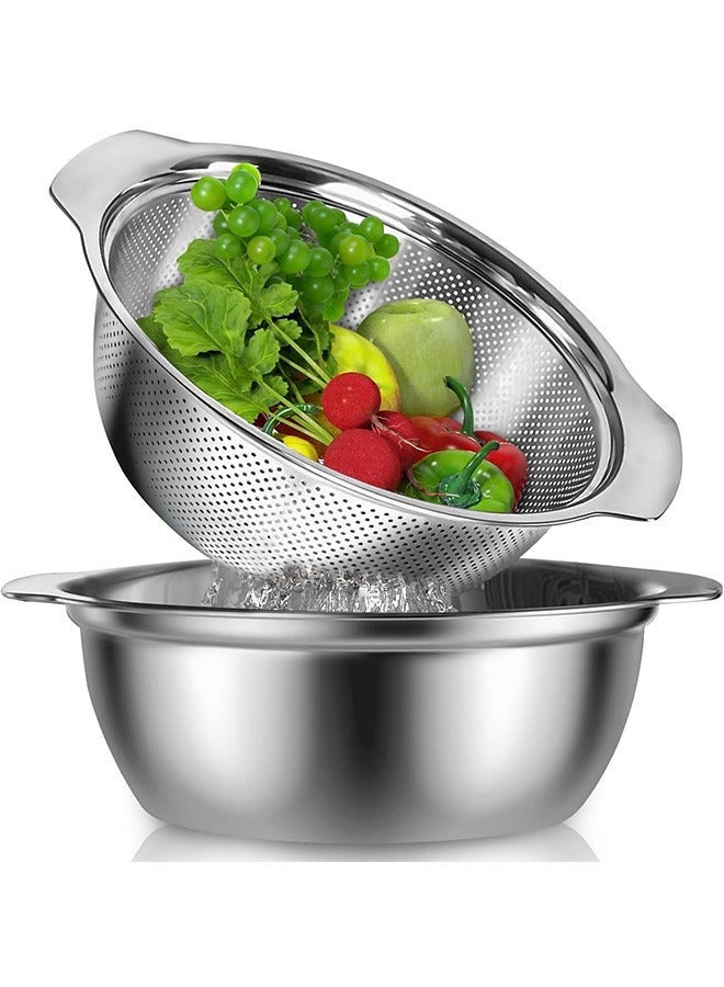 STAINLESS STEEL COLANDER WITH HANDLE, 23CM MICRO-PERFORATED STRAINER COLANDER SET WITH MIXING BOWL, GREAT FOR DRAINING COOKED PASTA, NOODLES,WASHING VEGETABLES, FRUITS