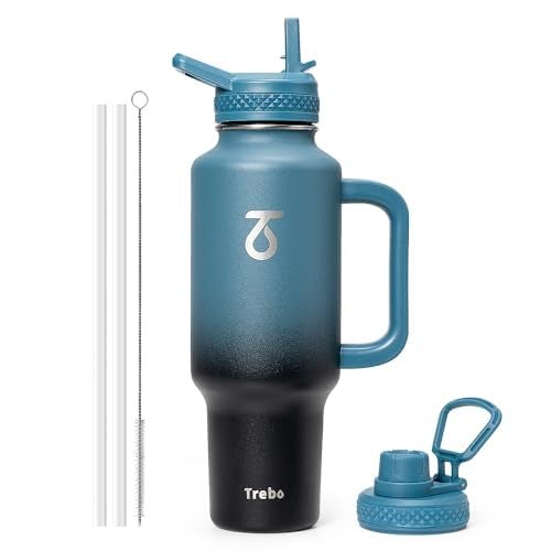 Trebo Insulated Water Bottle 40oz that Fits in Car Cup Holder with Spout Straw Lids, Stainless Steel Bottles Travel Flask with Handle, Metal Reusable Tumbler, Leakproof Keep Cold &Hot,Indigo/Black - Image 1