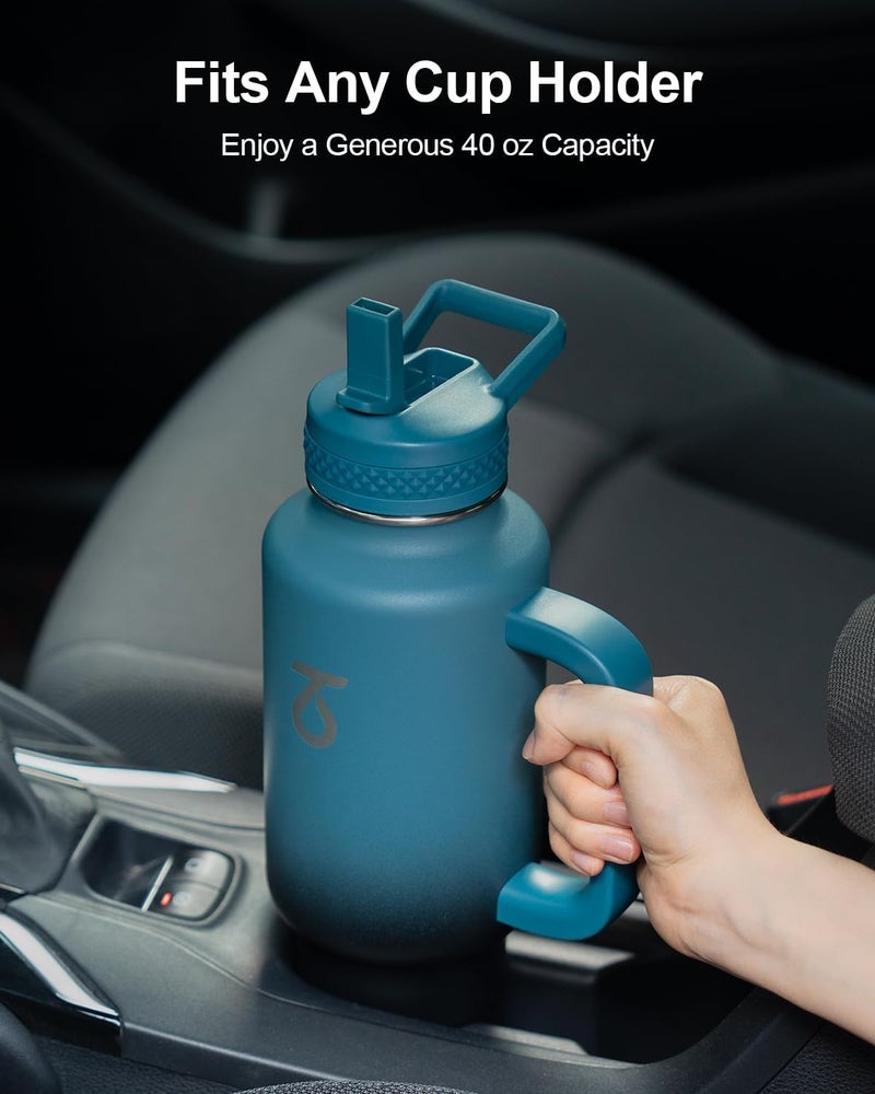 Trebo Insulated Water Bottle 40oz that Fits in Car Cup Holder with Spout Straw Lids, Stainless Steel Bottles Travel Flask with Handle, Metal Reusable Tumbler, Leakproof Keep Cold &Hot,Indigo/Black - Image 2