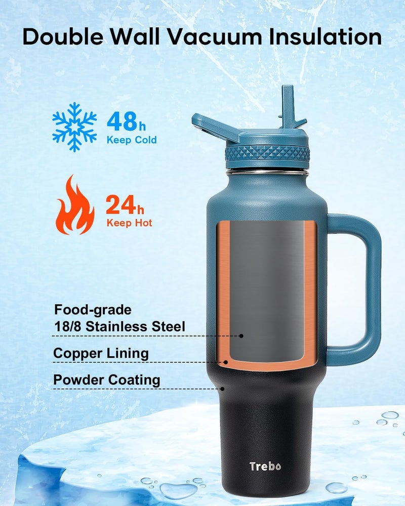 Trebo Insulated Water Bottle 40oz that Fits in Car Cup Holder with Spout Straw Lids, Stainless Steel Bottles Travel Flask with Handle, Metal Reusable Tumbler, Leakproof Keep Cold &Hot,Indigo/Black - Image 3