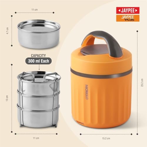 Jaypee Plus Etron Auto Cut Off Electric Lunch Box with 3 Stainless Steel containers 300X3 ml Lunch Box for Office, Travel Easy to Carry Handle Convenience case for Power Cord Food Grade,Orange - Image 5
