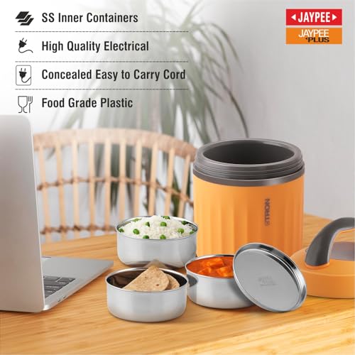 Jaypee Plus Etron Auto Cut Off Electric Lunch Box with 3 Stainless Steel containers 300X3 ml Lunch Box for Office, Travel Easy to Carry Handle Convenience case for Power Cord Food Grade,Orange - Image 2