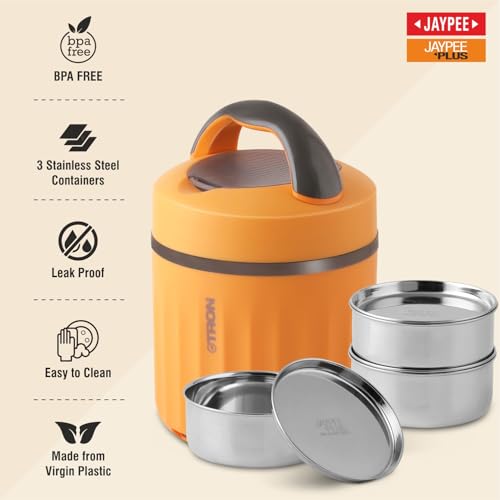 Jaypee Plus Etron Auto Cut Off Electric Lunch Box with 3 Stainless Steel containers 300X3 ml Lunch Box for Office, Travel Easy to Carry Handle Convenience case for Power Cord Food Grade,Orange - Image 3