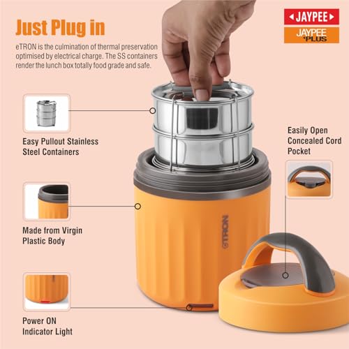 Jaypee Plus Etron Auto Cut Off Electric Lunch Box with 3 Stainless Steel containers 300X3 ml Lunch Box for Office, Travel Easy to Carry Handle Convenience case for Power Cord Food Grade,Orange - Image 4
