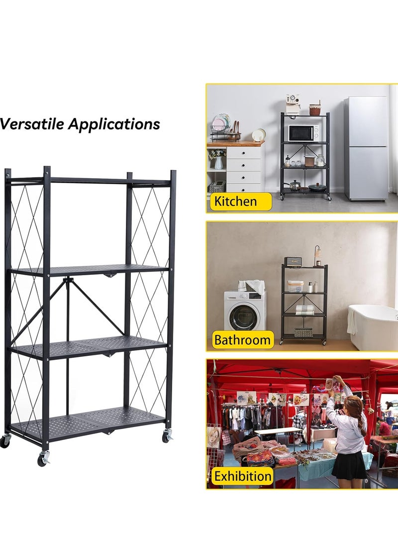 Iron Kitchen Storage Rack 4 Shelves， Foldable Storage Shelves With Wheels, Large Capacity Shelving Unit, Freestanding Metal Wire Shelf Rack, No Assembly Organizer Rack For Garage Kitchen, Basement, Pantry(Black) - Image 4