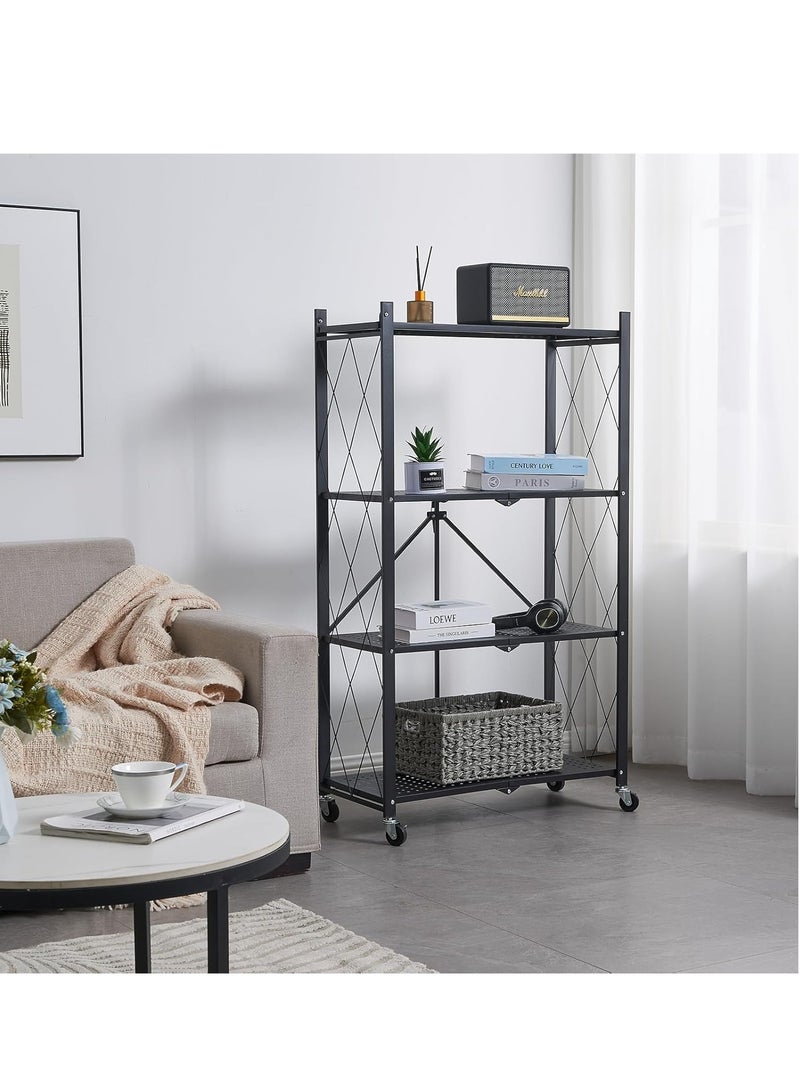 Iron Kitchen Storage Rack 4 Shelves， Foldable Storage Shelves With Wheels, Large Capacity Shelving Unit, Freestanding Metal Wire Shelf Rack, No Assembly Organizer Rack For Garage Kitchen, Basement, Pantry(Black) - Image 3
