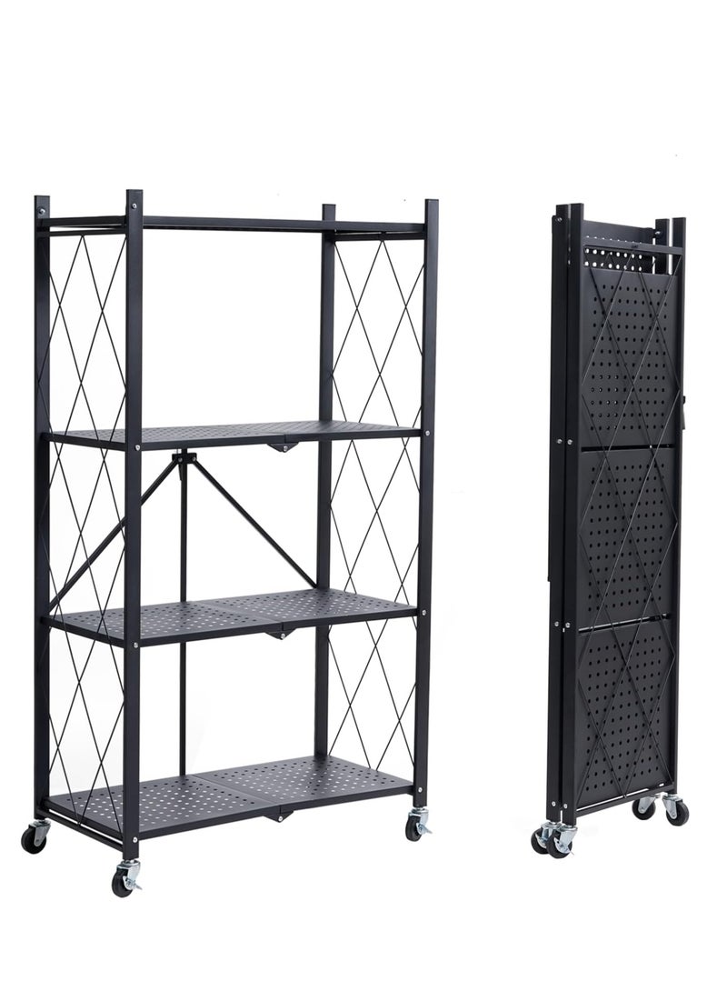 Iron Kitchen Storage Rack 4 Shelves， Foldable Storage Shelves With Wheels, Large Capacity Shelving Unit, Freestanding Metal Wire Shelf Rack, No Assembly Organizer Rack For Garage Kitchen, Basement, Pantry(Black) - Image 1