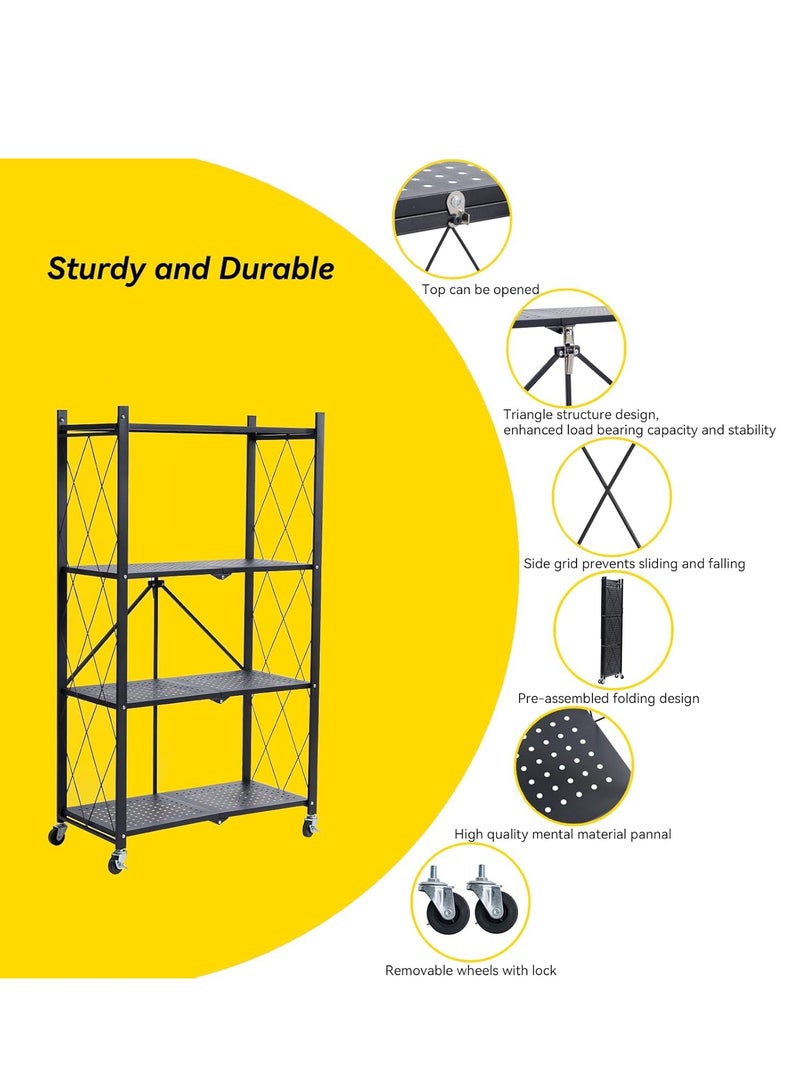 Iron Kitchen Storage Rack 4 Shelves， Foldable Storage Shelves With Wheels, Large Capacity Shelving Unit, Freestanding Metal Wire Shelf Rack, No Assembly Organizer Rack For Garage Kitchen, Basement, Pantry(Black) - Image 2