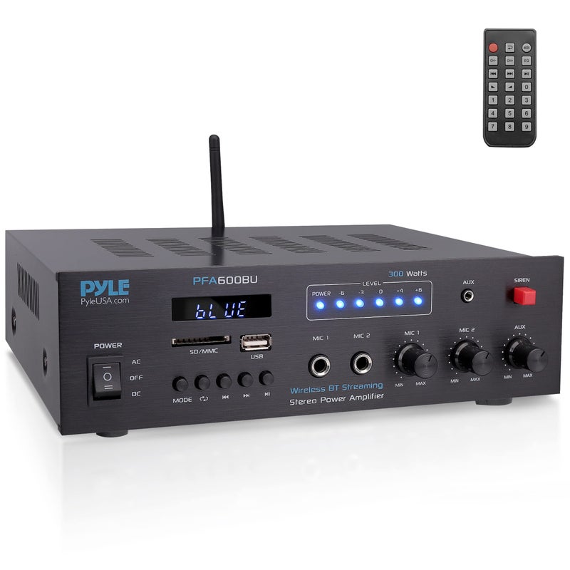 Pyle Wireless Bluetooth Karaoke Amplifier - Home Car Bus Tours 300 Watts 2 Channel Digital Home Audio PA Receiver System 2 Microphone Input Control, FM Radio, USB,12 Volt Power Option - PFA600BU - Image 1