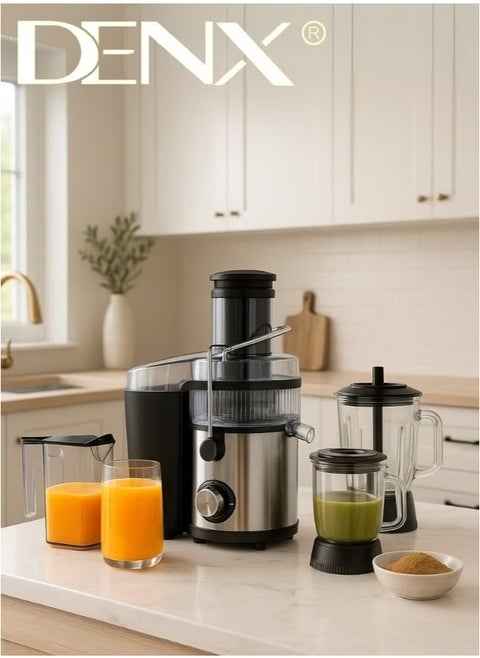 عصارة وخلاط DENX DX3217 متعدد الوظائف 4 في 1، مزود بـ 3 أوعية زجاجية، ومحرك قوي 4000 واط، مع قدرة على سحق الثلج وتحكم حراري – الخيار الأمثل للخلط الصحي والسريع