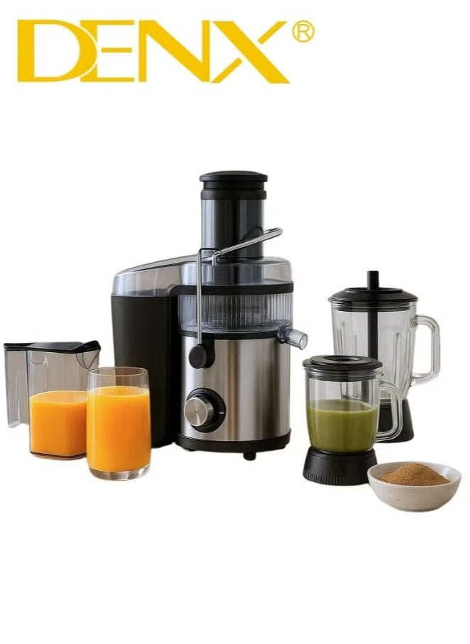 عصارة وخلاط DENX DX3217 متعدد الوظائف 4 في 1، مزود بـ 3 أوعية زجاجية، ومحرك قوي 4000 واط، مع قدرة على سحق الثلج وتحكم حراري – الخيار الأمثل للخلط الصحي والسريع