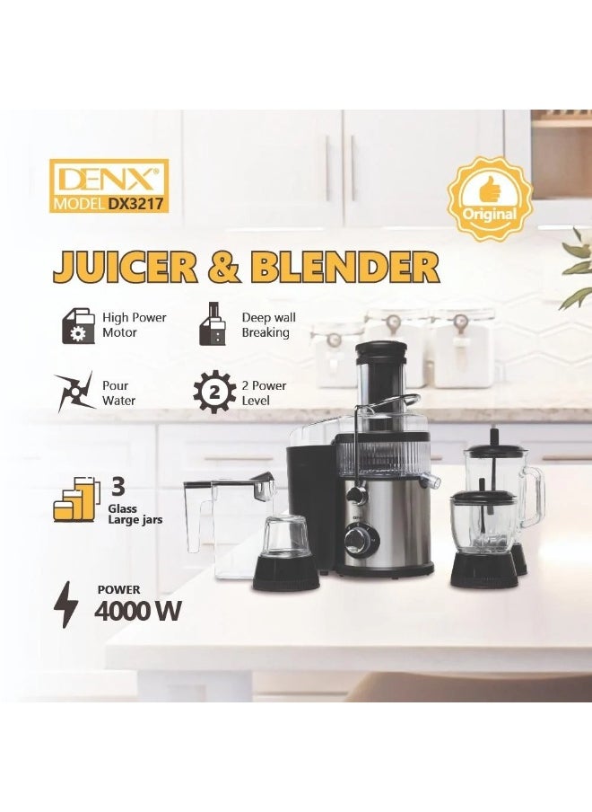 عصارة وخلاط DENX DX3217 متعدد الوظائف 4 في 1، مزود بـ 3 أوعية زجاجية، ومحرك قوي 4000 واط، مع قدرة على سحق الثلج وتحكم حراري – الخيار الأمثل للخلط الصحي والسريع