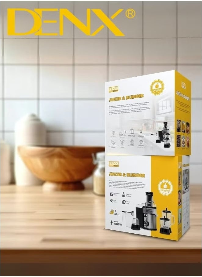 عصارة وخلاط DENX DX3217 متعدد الوظائف 4 في 1، مزود بـ 3 أوعية زجاجية، ومحرك قوي 4000 واط، مع قدرة على سحق الثلج وتحكم حراري – الخيار الأمثل للخلط الصحي والسريع