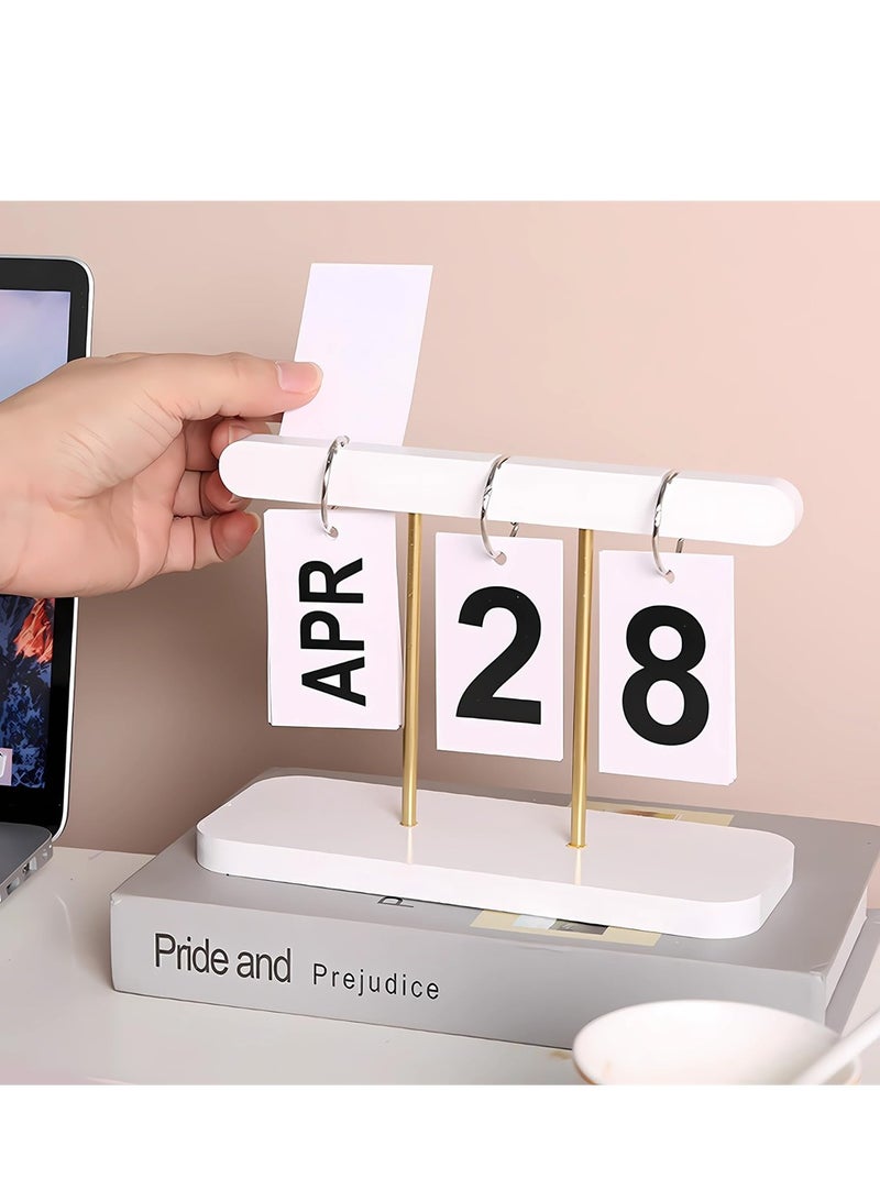 Luckam Flip Calendar For Desk, Wooden Perpetual Calendar With Large Display Daily Wooden Desk Calendar for Office, Home, Classroom, Reusable Office Desk Decor Desk Accessories (White) - Image 1