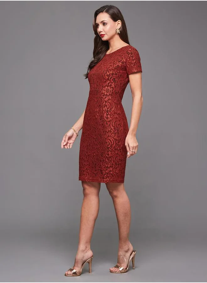 ستايلي Lace Texture Short Sleeve Knee-Length Bodycon Dress