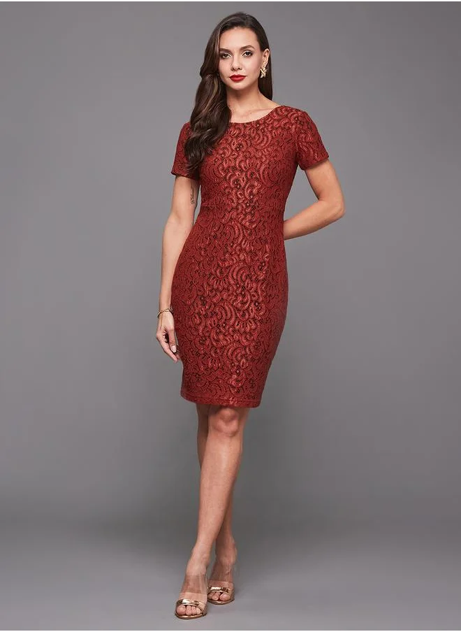 ستايلي Lace Texture Short Sleeve Knee-Length Bodycon Dress