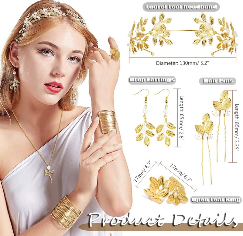 EIELO 16Pcs Greek Goddess Costume Accessories Set for Women Golden Laurel Leaf Crown Upper Arm Cuff Coil Bracelet Hair Headpiece Artificial Leaf Drop Earrings Necklace Toga Waist Belt Accessories Set - Image 3