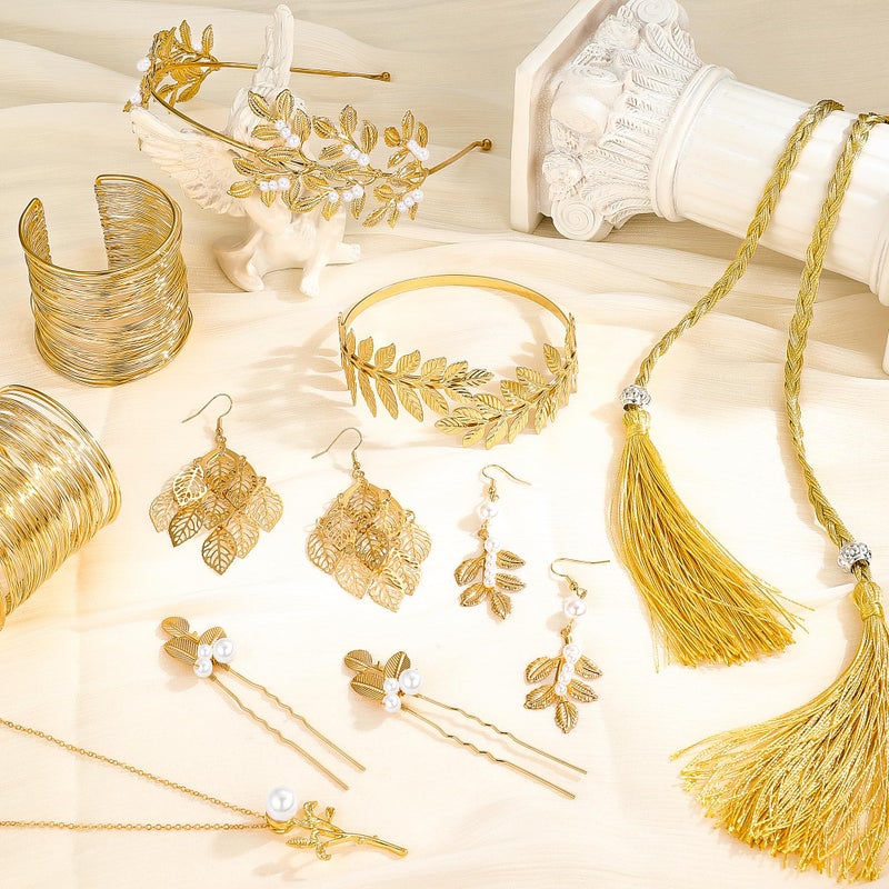 EIELO 16Pcs Greek Goddess Costume Accessories Set for Women Golden Laurel Leaf Crown Upper Arm Cuff Coil Bracelet Hair Headpiece Artificial Leaf Drop Earrings Necklace Toga Waist Belt Accessories Set - Image 4
