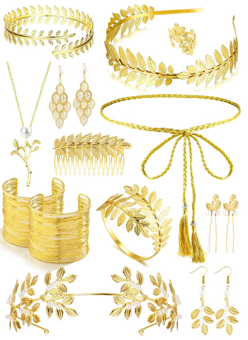 EIELO 16Pcs Greek Goddess Costume Accessories Set for Women Golden Laurel Leaf Crown Upper Arm Cuff Coil Bracelet Hair Headpiece Artificial Leaf Drop Earrings Necklace Toga Waist Belt Accessories Set - Image 1