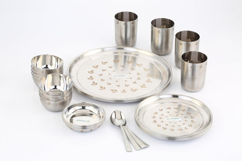 Coconut Eco Friendly Stainless Steel Dinner Set with Laser Etching and Matt Finish for Multipurpose Usage Lunch | Dinner | Kitchen Set for Home | Resturants - Set of 28pc - Image 2
