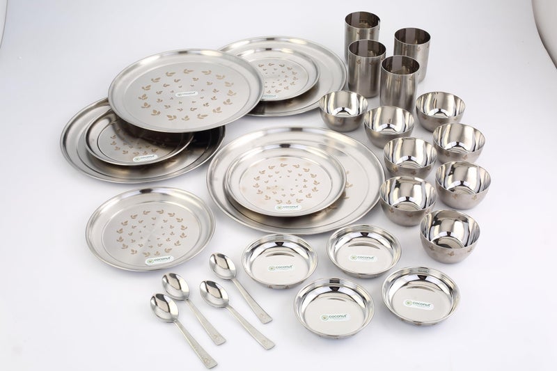 Coconut Eco Friendly Stainless Steel Dinner Set with Laser Etching and Matt Finish for Multipurpose Usage Lunch | Dinner | Kitchen Set for Home | Resturants - Set of 28pc - Image 1