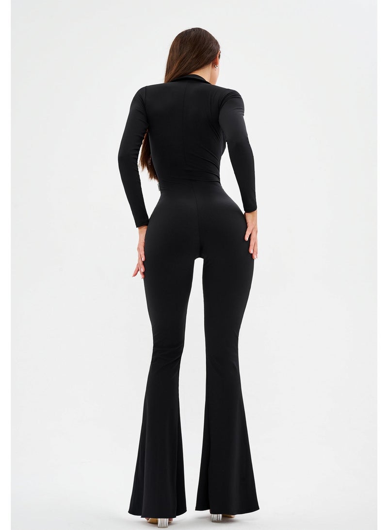 Bona Fide Long Sleeve Black Jumpsuit for Women – One Piece Casual Bodycon Flared Romper – Full Body Shaping Jumpsuit with Deep V Neck - Image 4