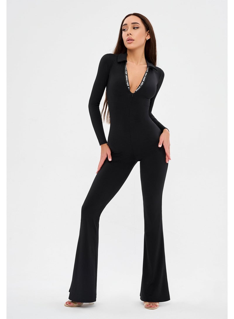 Bona Fide Long Sleeve Black Jumpsuit for Women – One Piece Casual Bodycon Flared Romper – Full Body Shaping Jumpsuit with Deep V Neck - Image 5