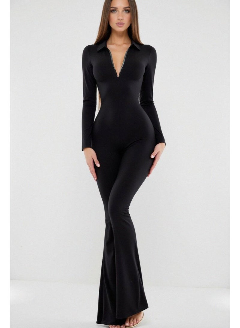 Bona Fide Long Sleeve Black Jumpsuit for Women – One Piece Casual Bodycon Flared Romper – Full Body Shaping Jumpsuit with Deep V Neck - Image 3