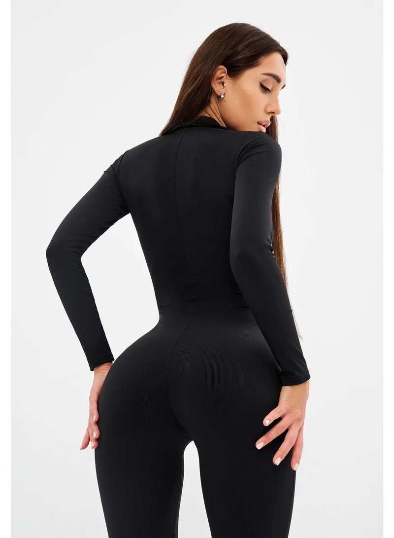 Bona Fide Chika Bomb Black Rib Chika Bomb Rib Ribbed Long Sleeve Gym Jumpsuit for Women for Women | Best Price UAE