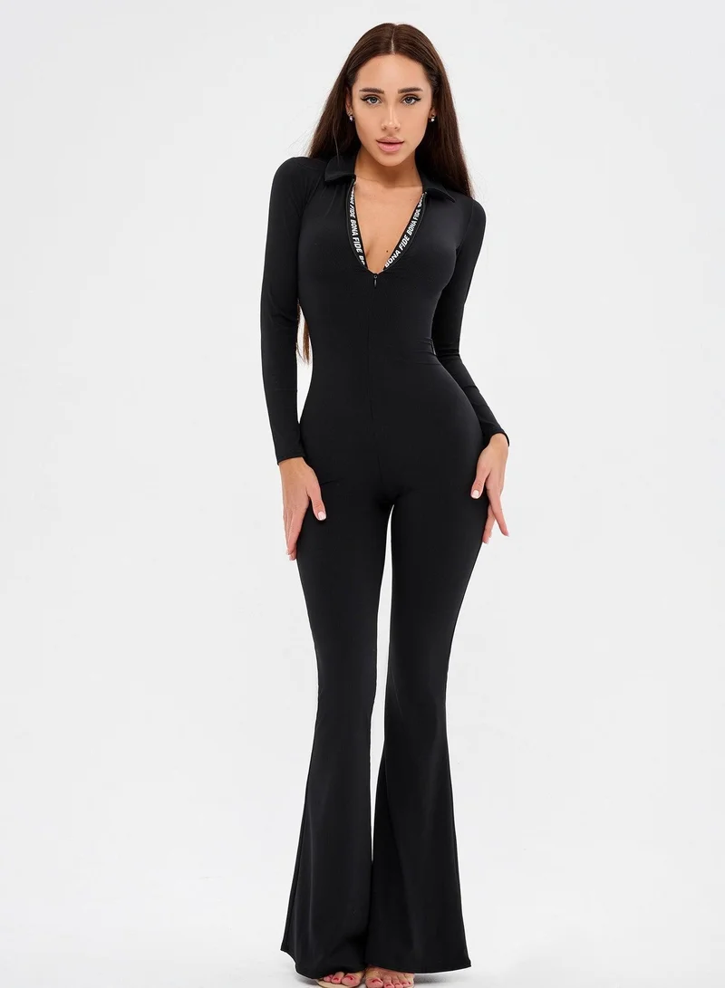 Bona Fide Chika Bomb Black Rib Chika Bomb Rib Ribbed Long Sleeve Gym Jumpsuit for Women for Women | Best Price UAE