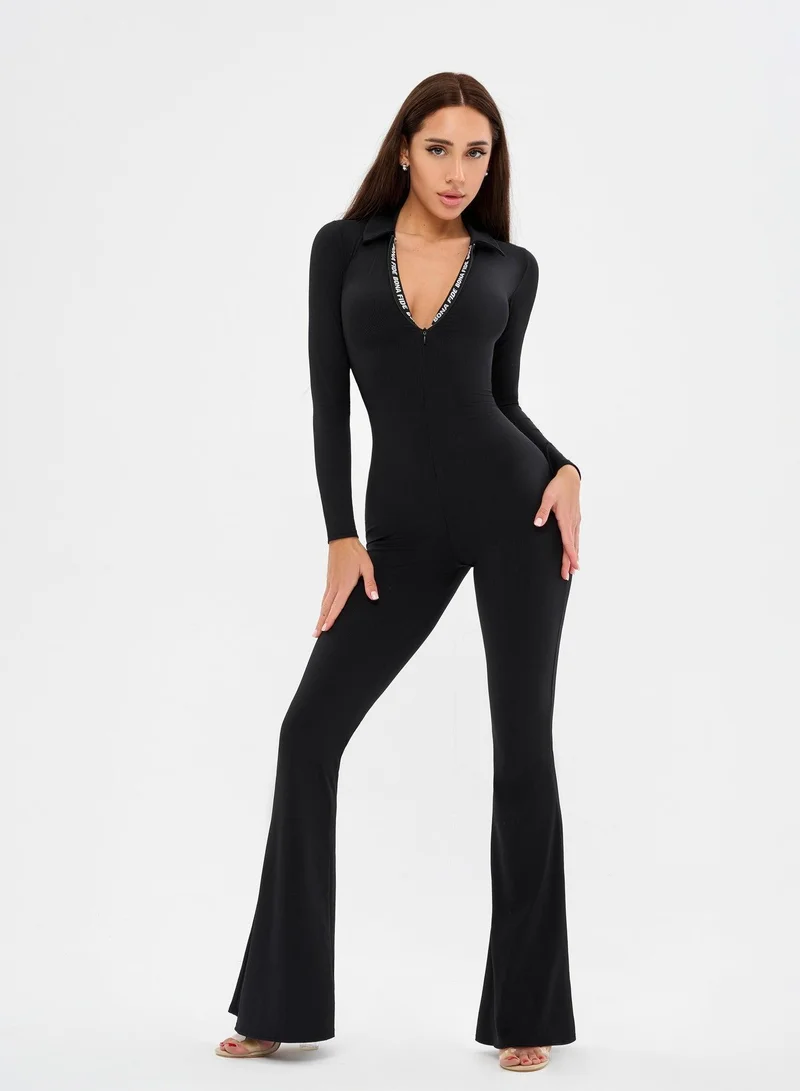 Bona Fide Chika Bomb Black Rib Chika Bomb Rib Ribbed Long Sleeve Gym Jumpsuit for Women for Women | Best Price UAE
